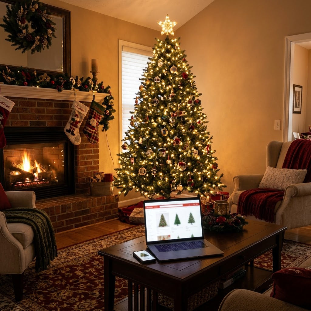 A beautifully decorated artificial Christmas tree in a cozy American living room.