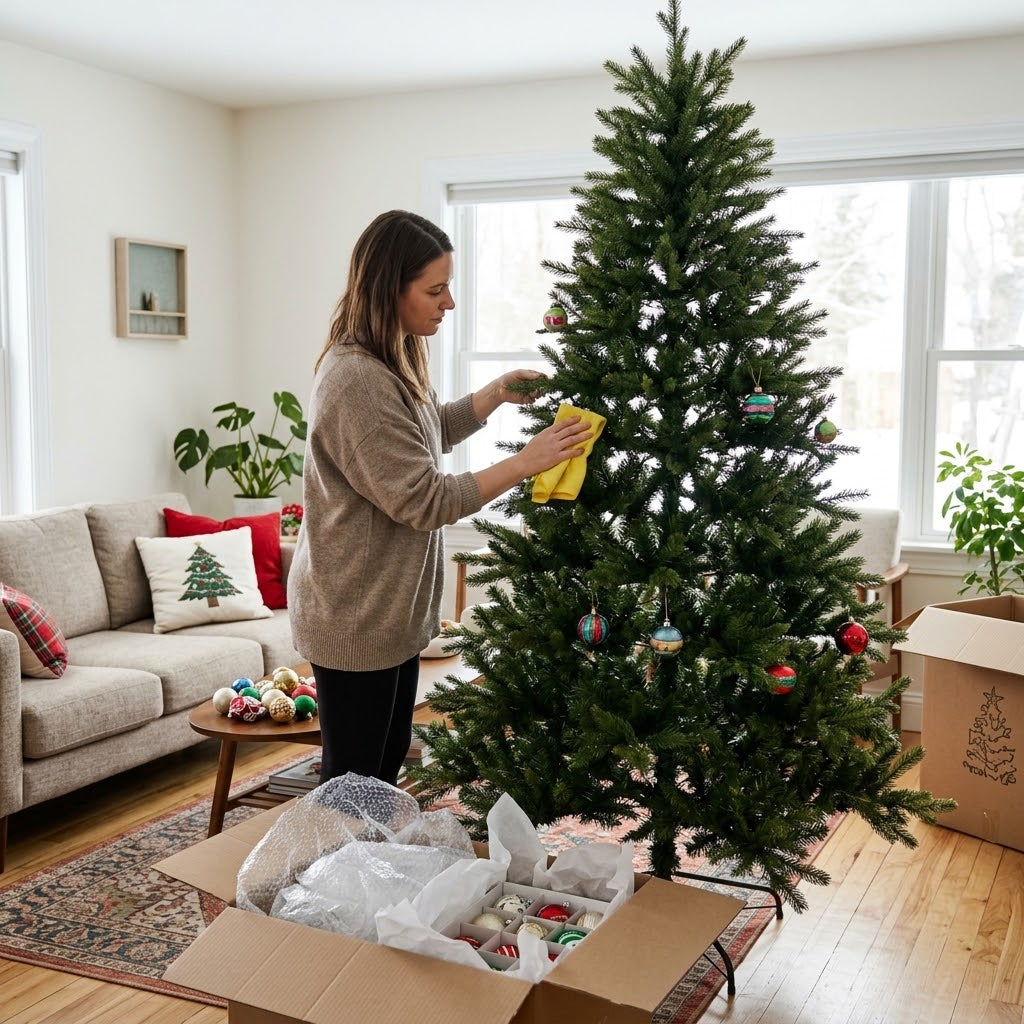 A person carefully removing ornaments and dusting the branches of a realistic ZMF artificial Christmas tree before storage