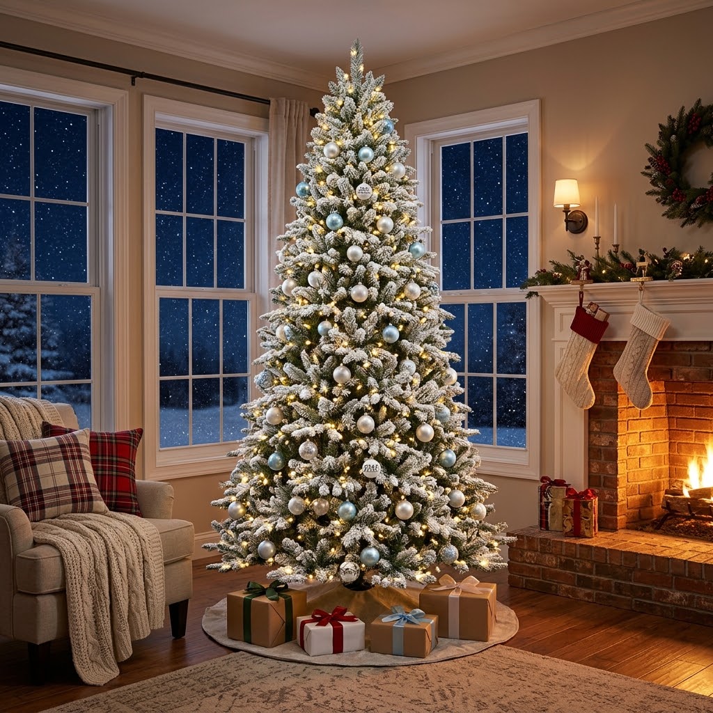 A stunning ZMF frosted Christmas tree glowing in a cozy, festive living room.