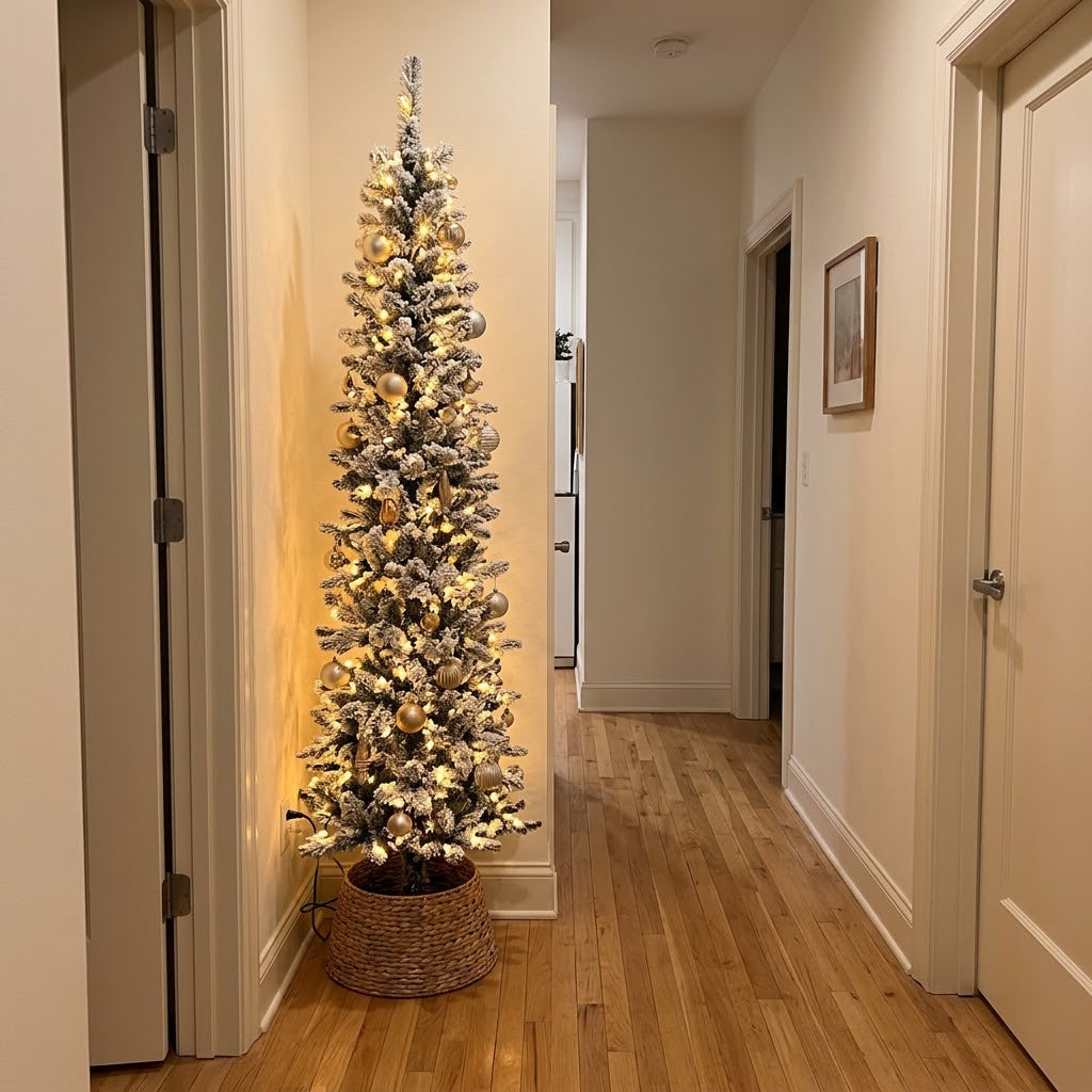 A tall, beautifully decorated pencil Christmas tree fitting perfectly into a narrow modern home hallway, glowing with warm LED lights.