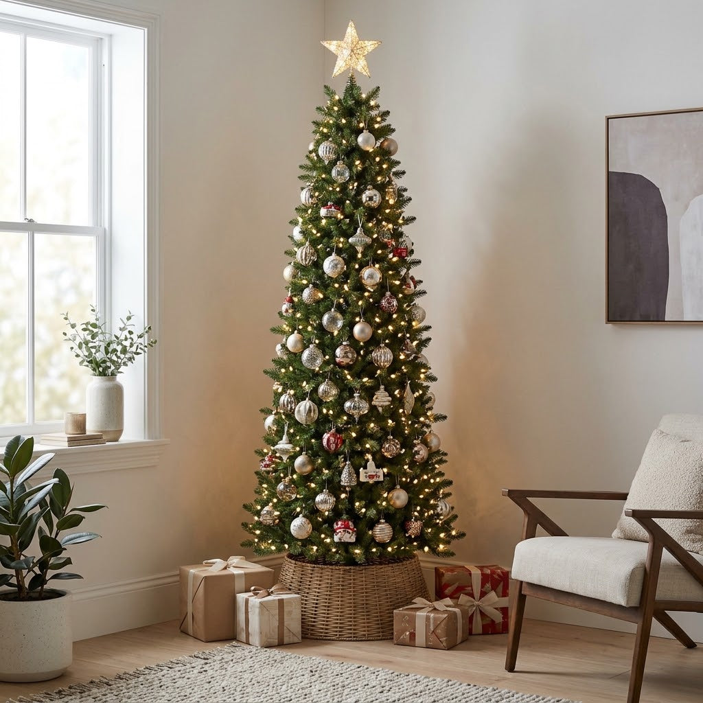 Decorated slim pencil Christmas tree in a cozy apartment corner from ZMF Christmas Tree.