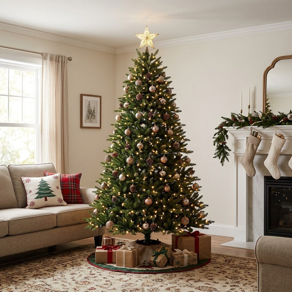 Perfectly sized artificial ZMF Christmas tree in a cozy living room with correct ceiling clearance.