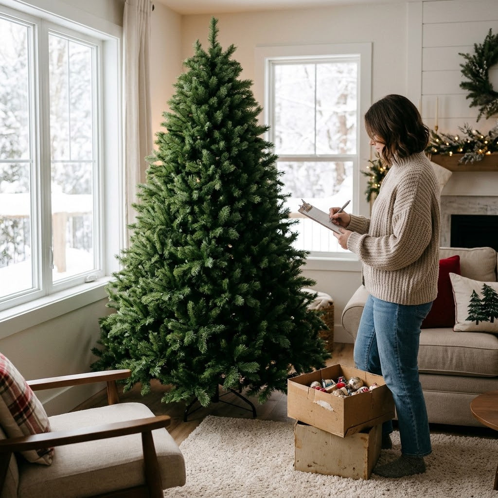 Planning the decoration of a full, lush ZMF Christmas Tree in a cozy living room.