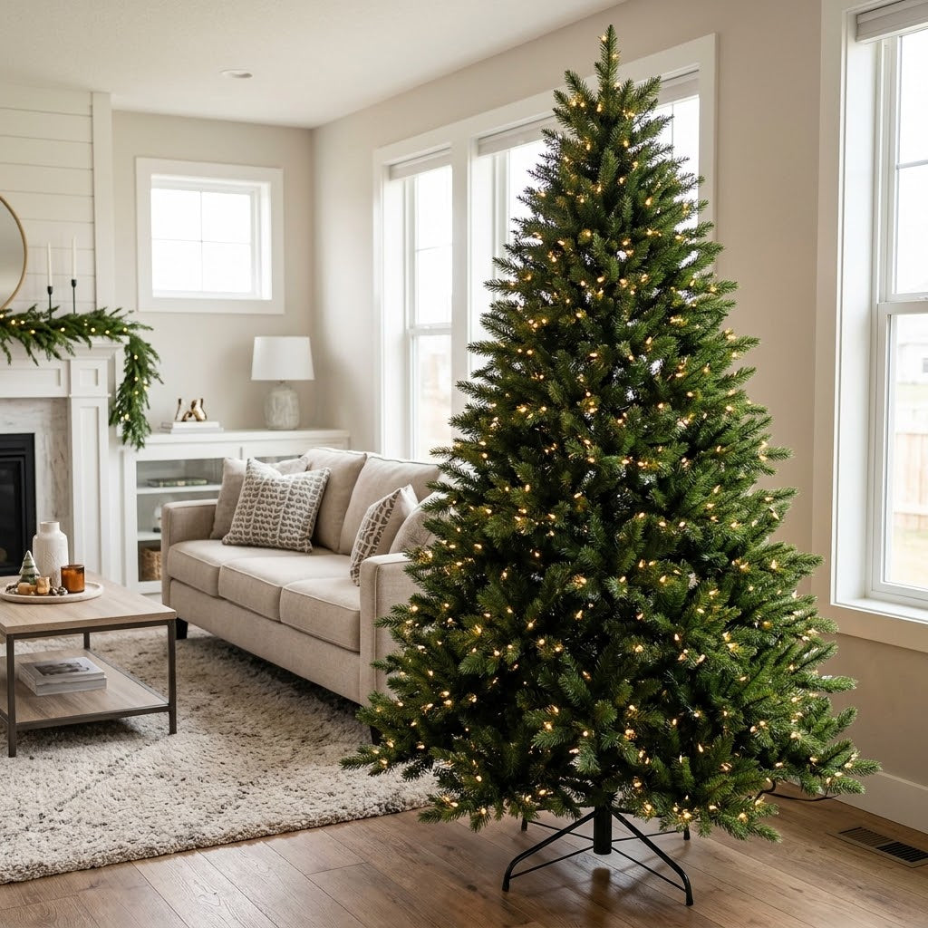 Premium unlit realistic artificial Christmas tree by ZMF Christmas Tree in a cozy living room. 