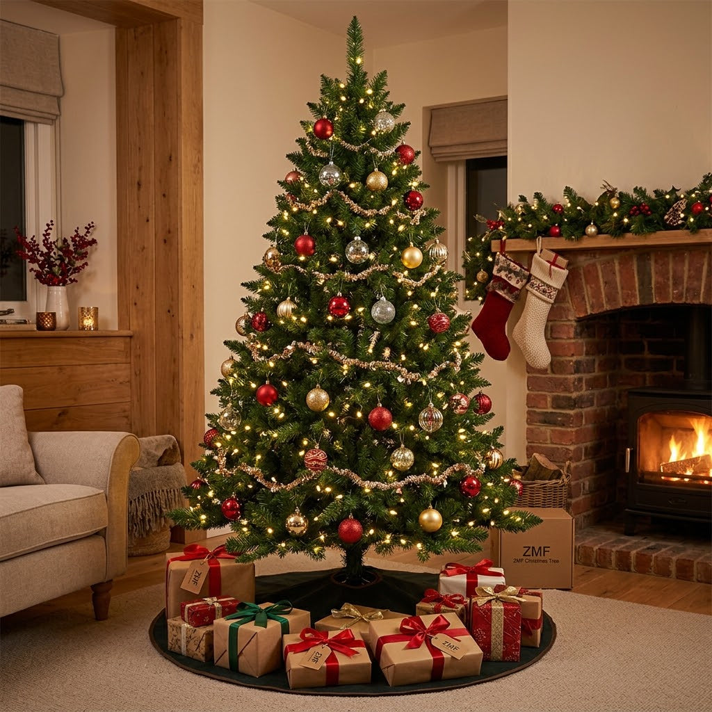 Realistic traditional green ZMF Christmas Tree decorated with red and gold ornaments in a cozy living room.