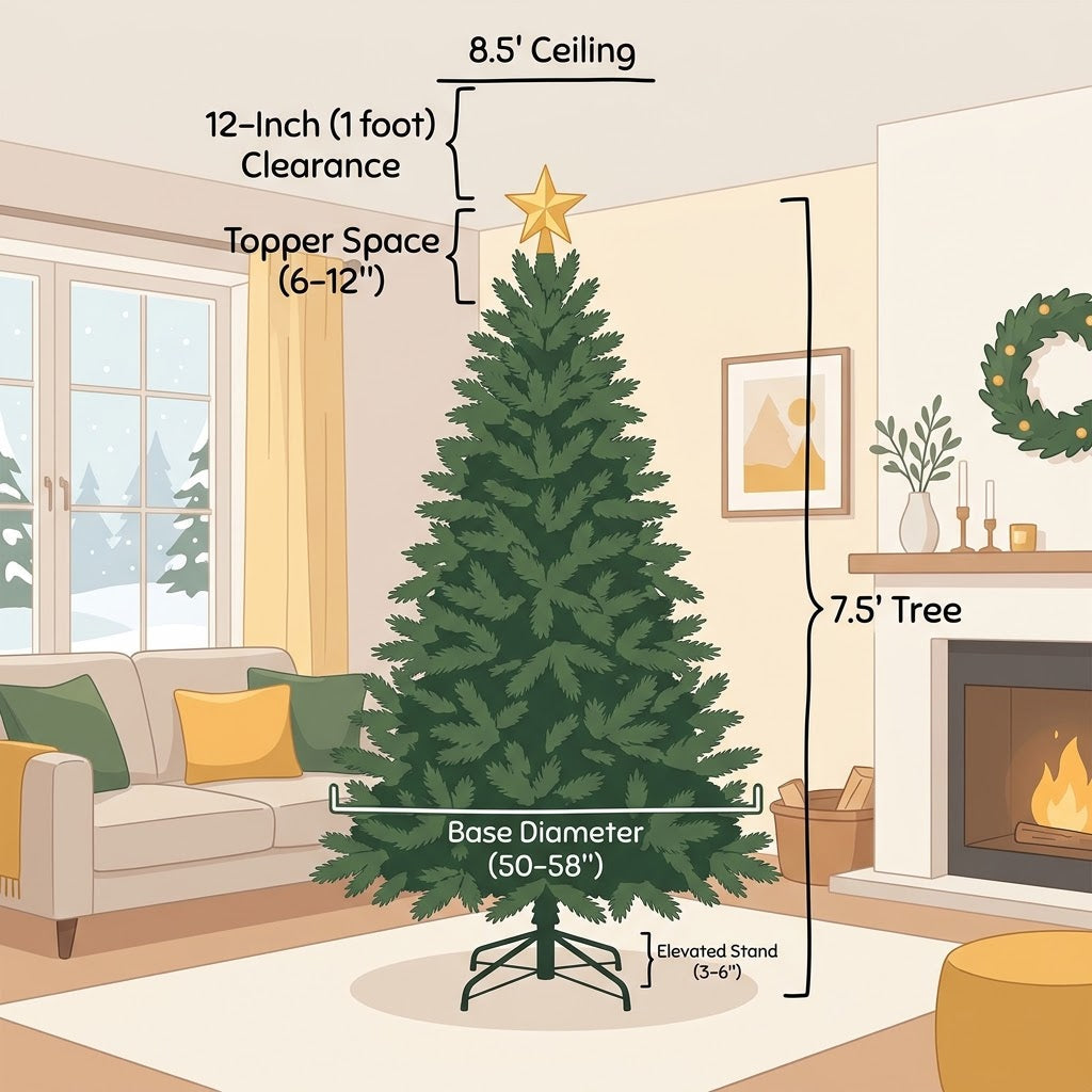 Sizing and clearance guide for purchasing a Christmas tree online based on ceiling height and living room dimensions.