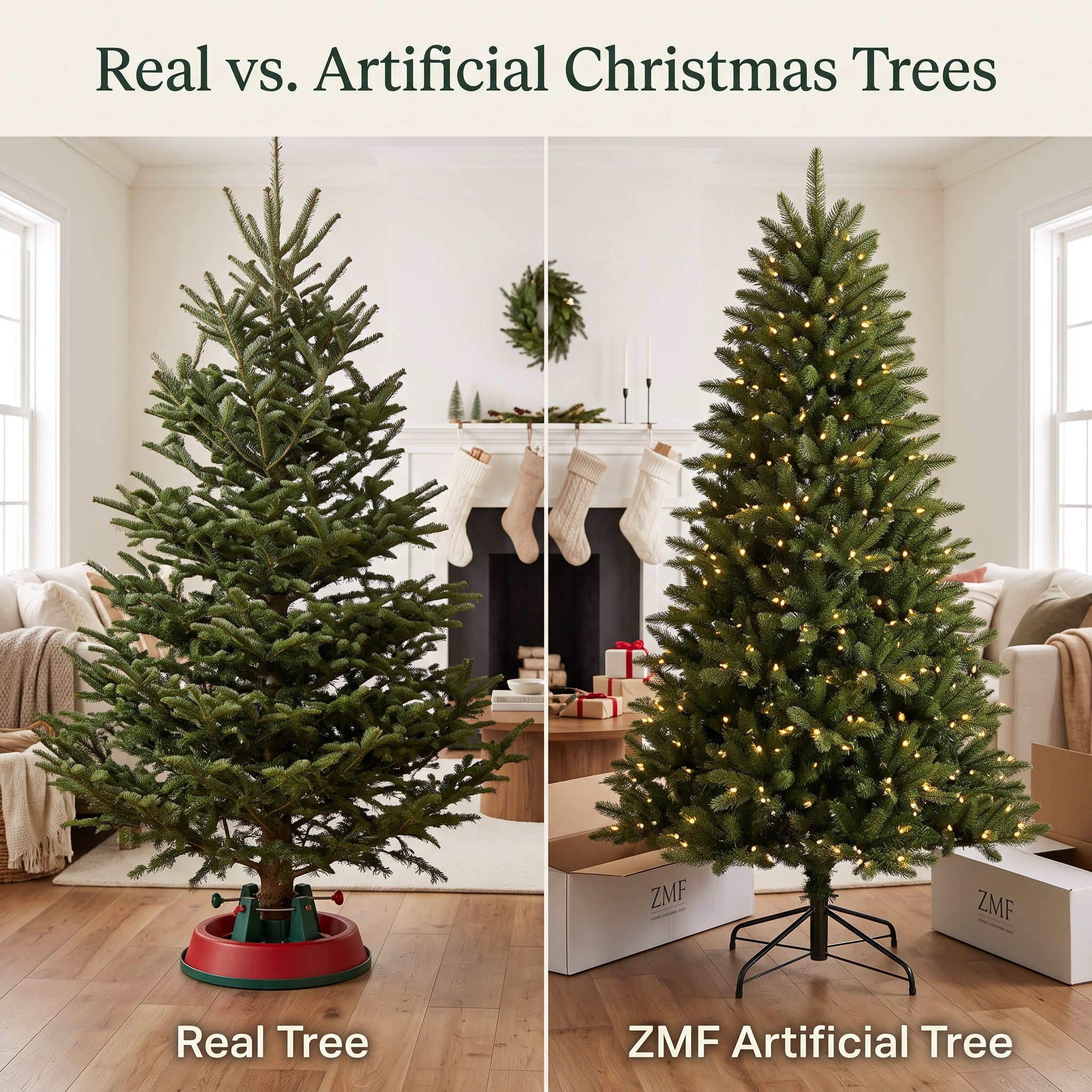  Side-by-side comparison of a live Fraser fir and a realistic ZMF artificial Christmas tree in a modern living room.
