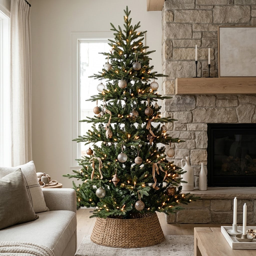 ZMF organic alpine artificial Christmas tree styled with sparse branches and warm LED micro-lights in a modern living room 