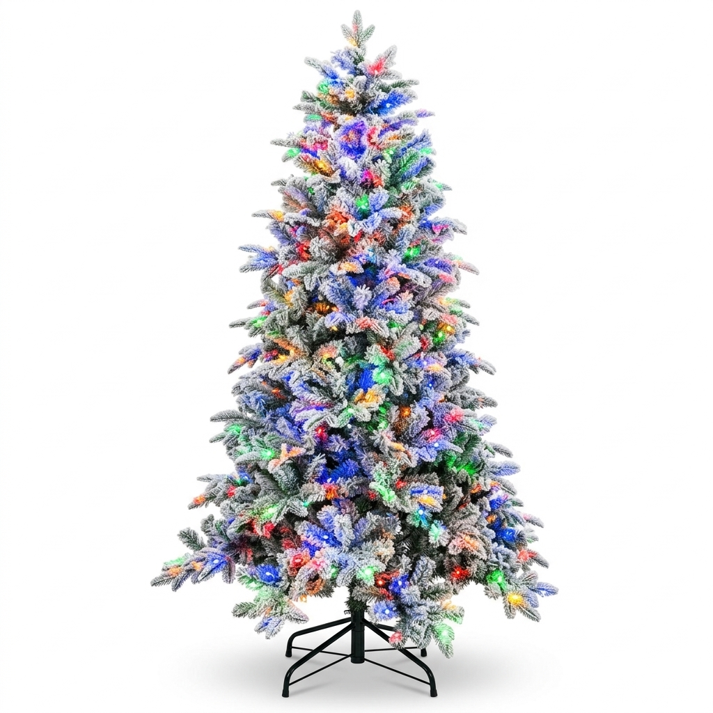 ZMF Christmas Tree 7 ft flocked pre-lit artificial Christmas tree with multi-color LED lights and PE and PVC hybrid branches. Main image