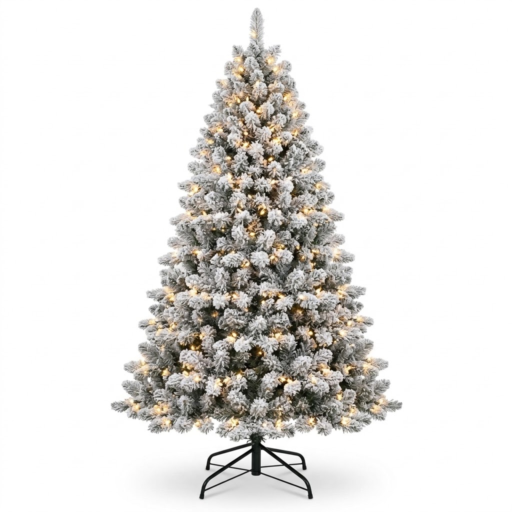 8ft Premium Pre-Lit Flocked Artificial Christmas Tree with Warm White Lights