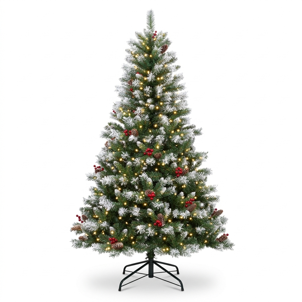 ZMF Christmas Tree 7.5ft pre-lit flocked artificial Christmas tree with pinecones, red berries, and 550 lights on a lush green tree. Main image