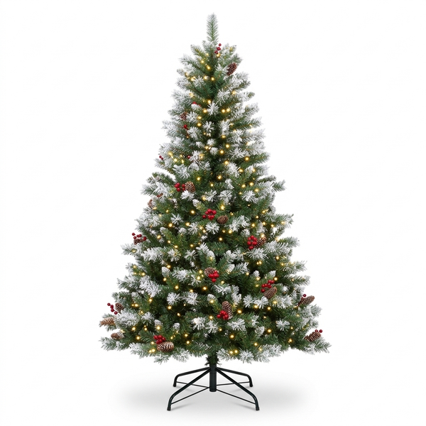ZMF Christmas Tree 7.5ft pre-lit flocked artificial Christmas tree with pinecones, red berries, and 550 lights on a lush green tree.