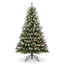 ZMF Christmas Tree 7.5ft pre-lit flocked artificial Christmas tree with pinecones, red berries, and 550 lights on a lush green tree.