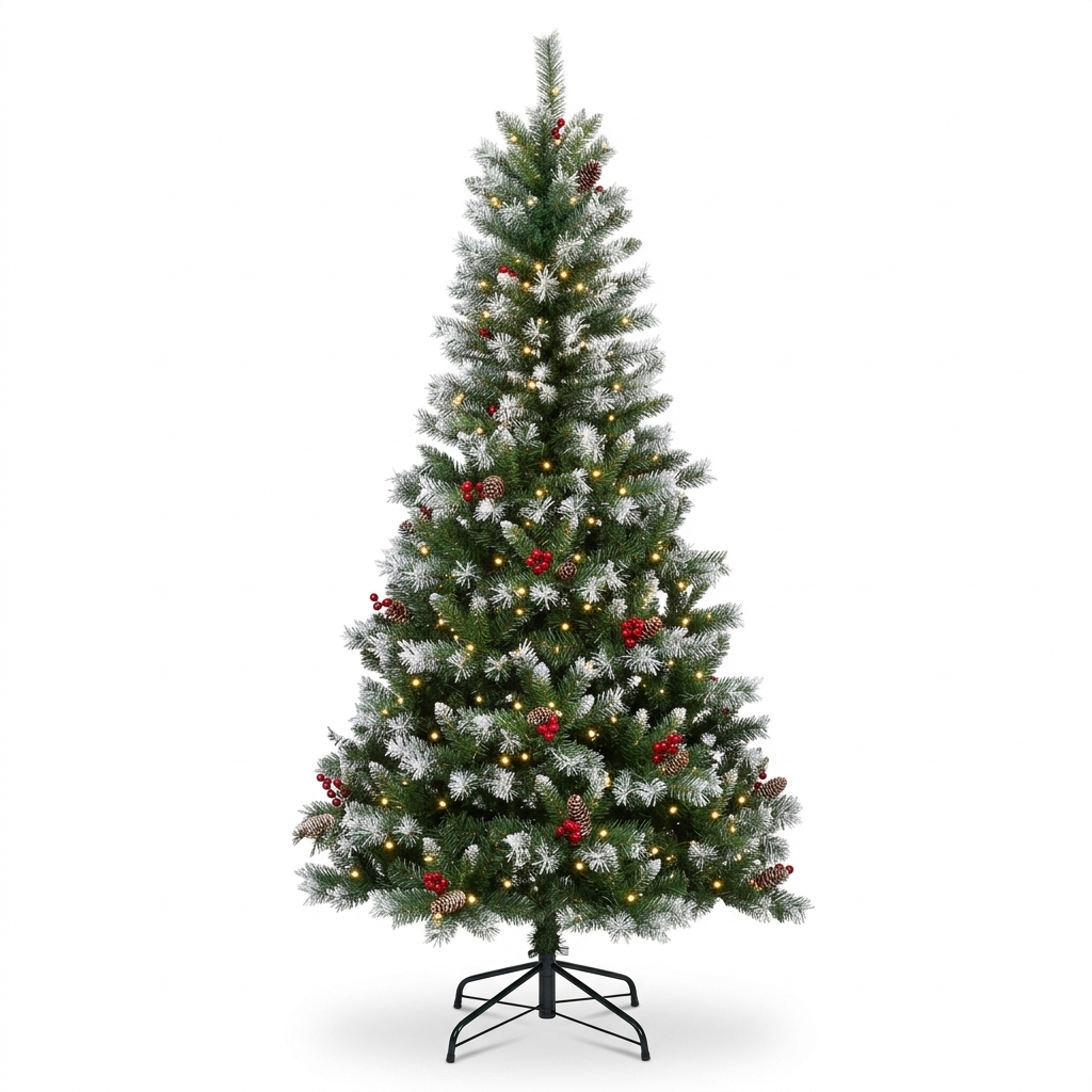 9ft ZMF Christmas Tree with flocked branches, 900 lights, pinecones, and red berries, showcasing festive holiday decor. Main image