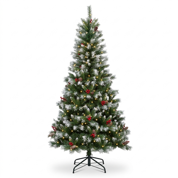 9ft ZMF Christmas Tree with flocked branches, 900 lights, pinecones, and red berries, showcasing festive holiday decor.