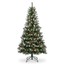 9ft ZMF Christmas Tree with flocked branches, 900 lights, pinecones, and red berries, showcasing festive holiday decor.
