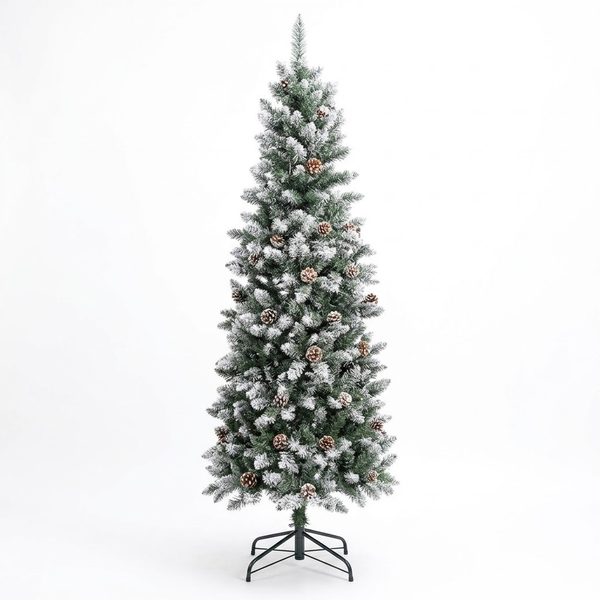 6ft Premium Slim Snow Flocked Unlit Artificial Christmas Tree with Pinecones (Pencil Style)