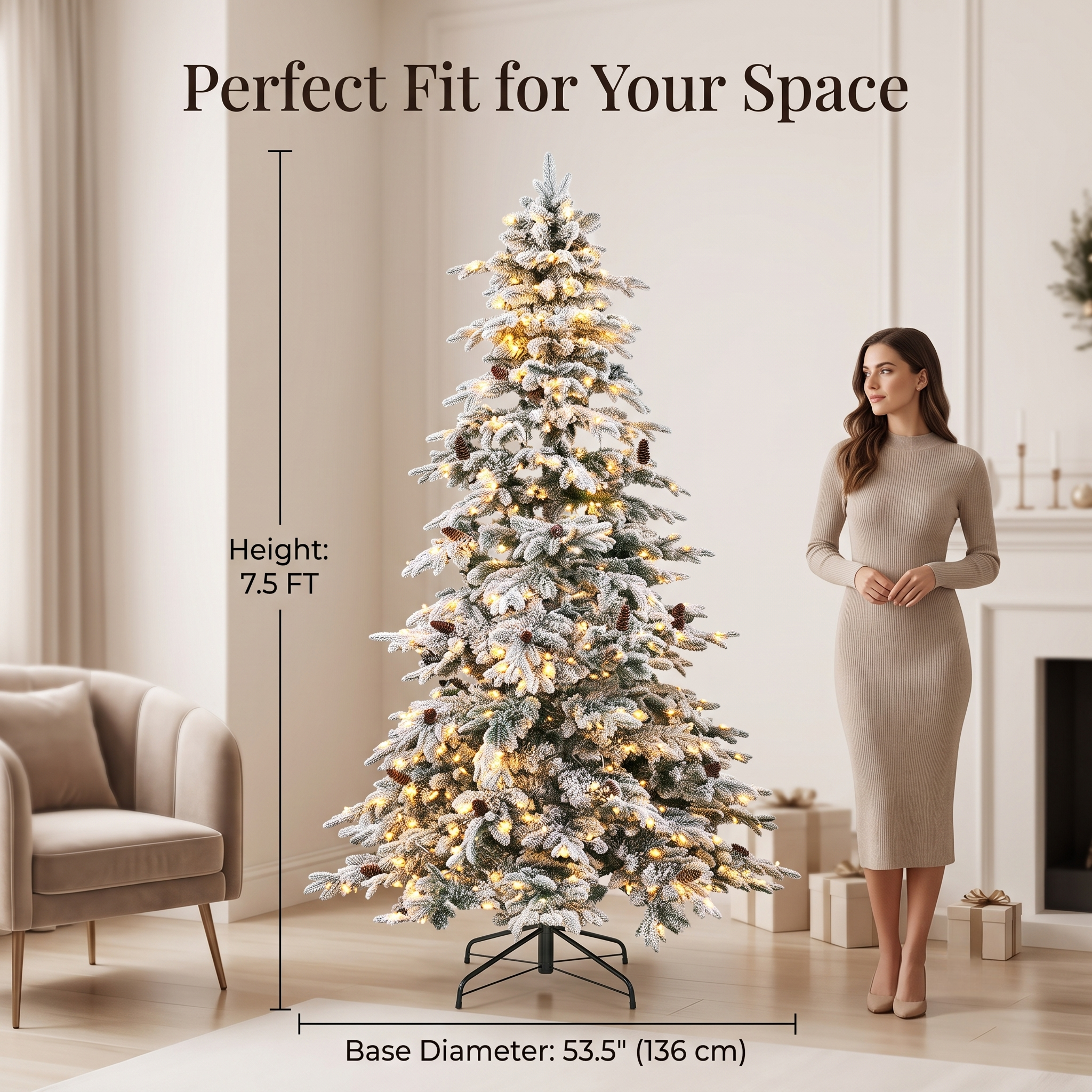 ZMF 7.5ft Pre-Lit Flocked Layered Christmas Tree | 11 Modes