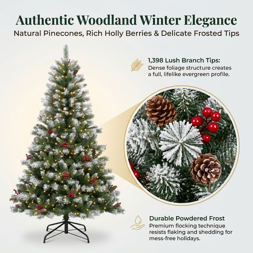 ZMF Christmas Tree 7.5ft pre-lit artificial Christmas tree with flocked branches, 550 lights, pinecones, and red berries.