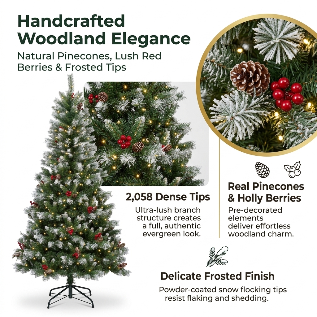 9ft ZMF Christmas Tree with flocked branches, 900 pre-lit lights, pinecones, and red berries for festive holiday decor