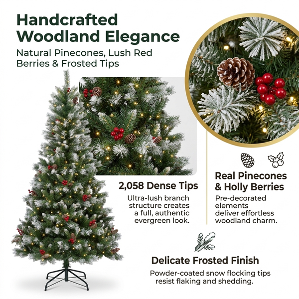 9ft ZMF Christmas Tree with flocked branches, 900 pre-lit lights, pinecones, and red berries for festive holiday decor