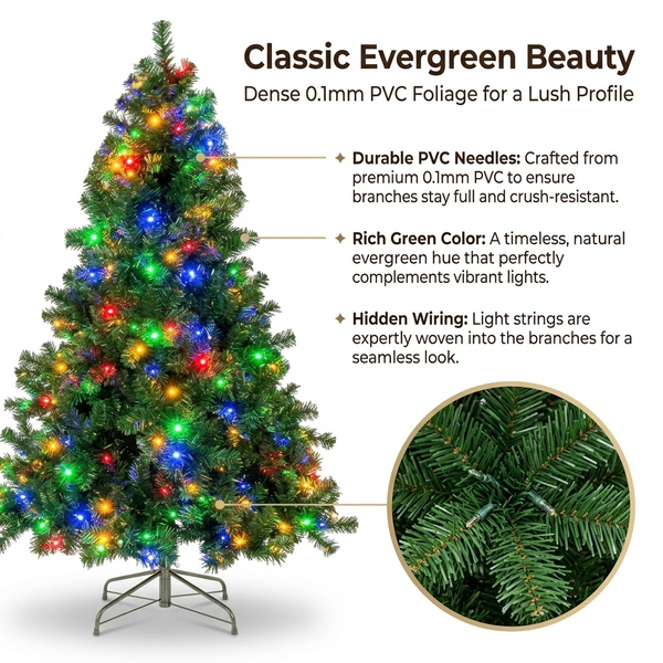 6ft Premium Pre-Lit Classic Green Artificial Christmas Tree with Multi-Color Lights