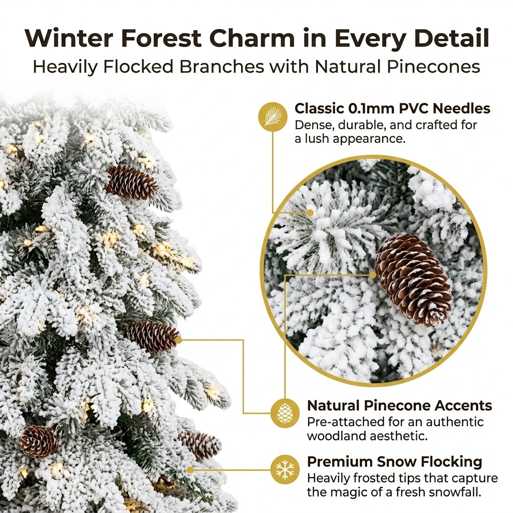 7.5ft Premium Slim Snow Flocked Pre-Lit Artificial Christmas Tree with Warm White Lights & Pinecones (Pencil Style)