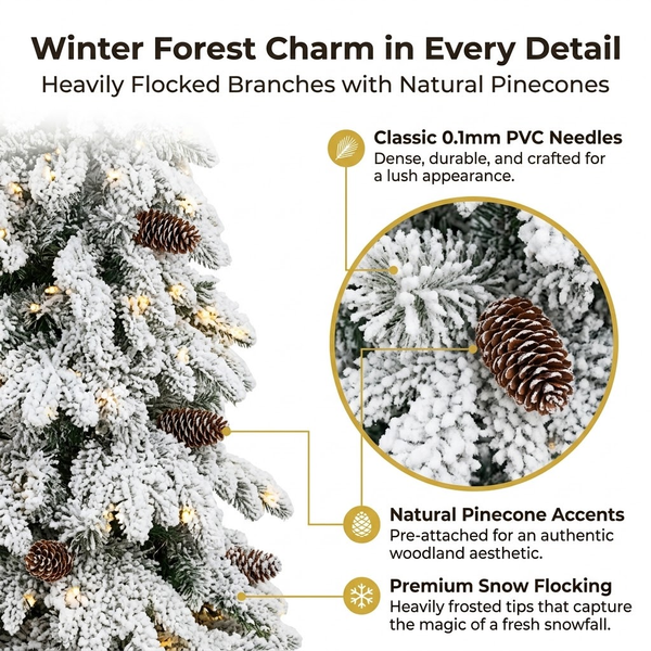 7.5ft Premium Slim Snow Flocked Pre-Lit Artificial Christmas Tree with Warm White Lights & Pinecones (Pencil Style)