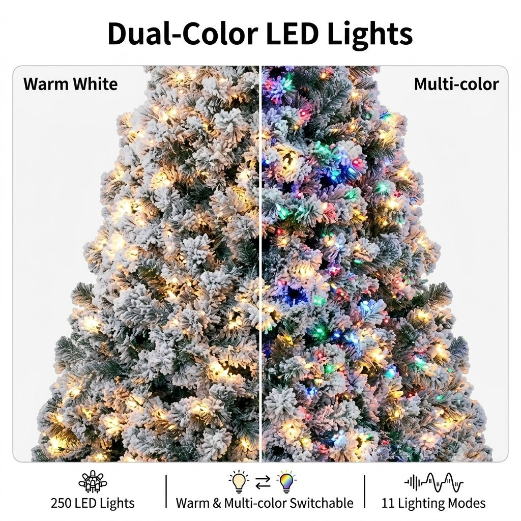 ZMF 6ft Pre-Lit Snow Flocked Christmas Tree | 11 Lighting Modes