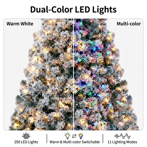 ZMF 6ft Pre-Lit Snow Flocked Christmas Tree | 11 Lighting Modes