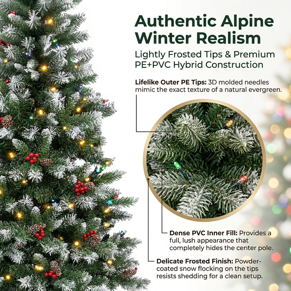 ZMF Christmas Tree 6.5ft pre-lit frosted artificial Christmas tree with 350 multi-color LED lights, mixed PE and PVC branches.