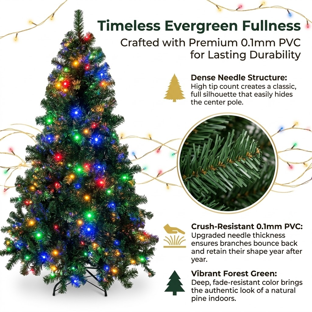 6ft Premium Pre-Lit Classic Green Artificial Christmas Tree with Multi-Color Lights