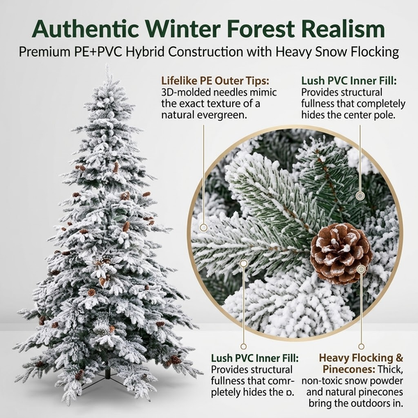 9ft Premium Flocked Unlit Artificial Christmas Tree with Pinecones (PE & PVC Hybrid)