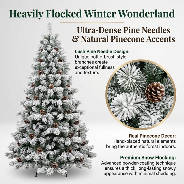 8ft ZMF Christmas Tree with snow-flocked branches, pinecones, unlit artificial Christmas tree for holiday decor.