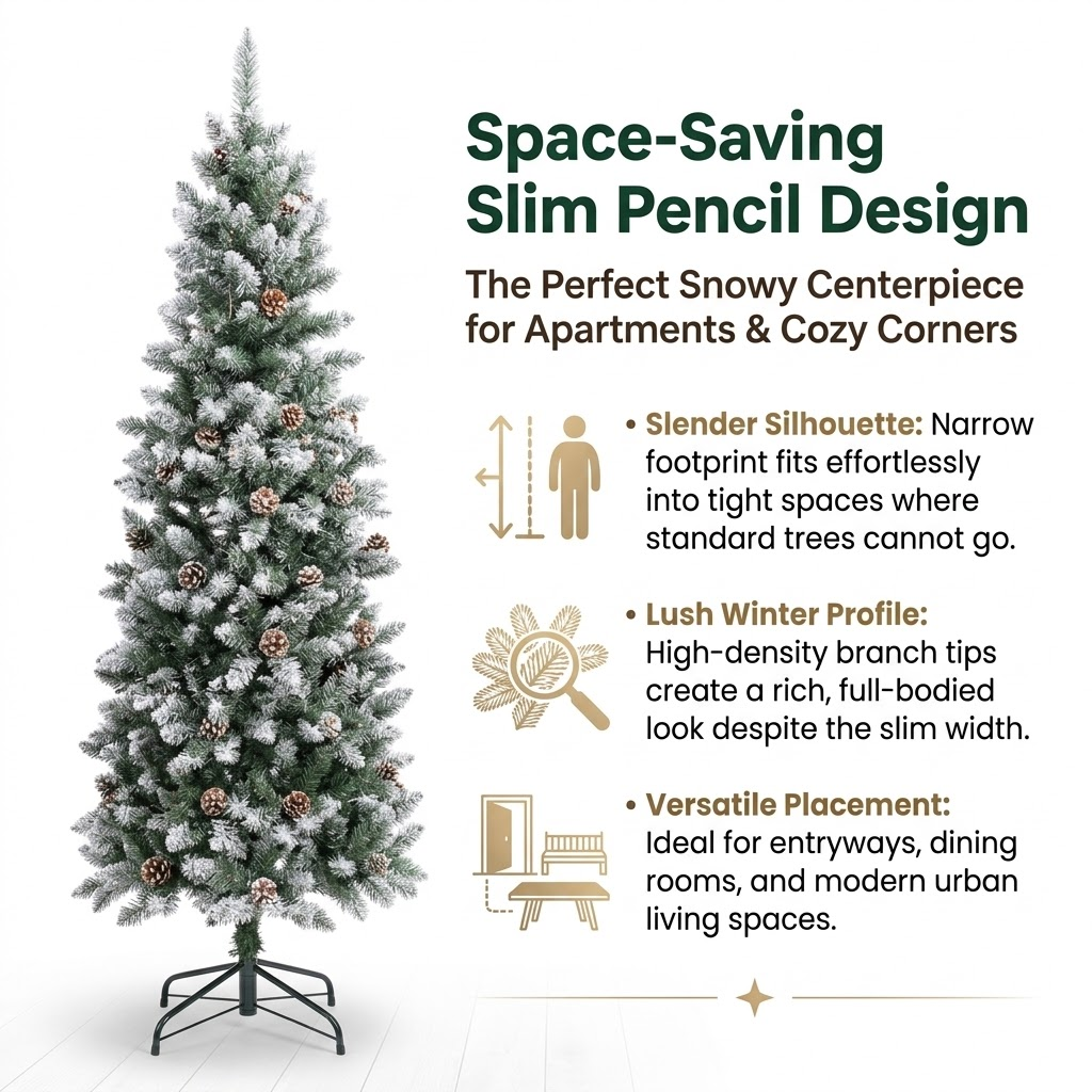 6ft Premium Slim Snow Flocked Unlit Artificial Christmas Tree with Pinecones (Pencil Style)
