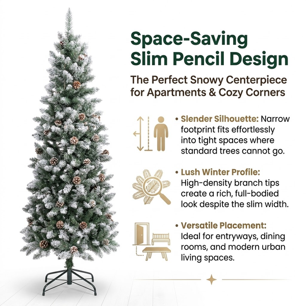 6ft Premium Slim Snow Flocked Unlit Artificial Christmas Tree with Pinecones (Pencil Style)