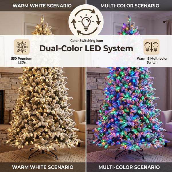 ZMF 7.5ft Pre-Lit Snow Flocked Christmas Tree | 11 Modes