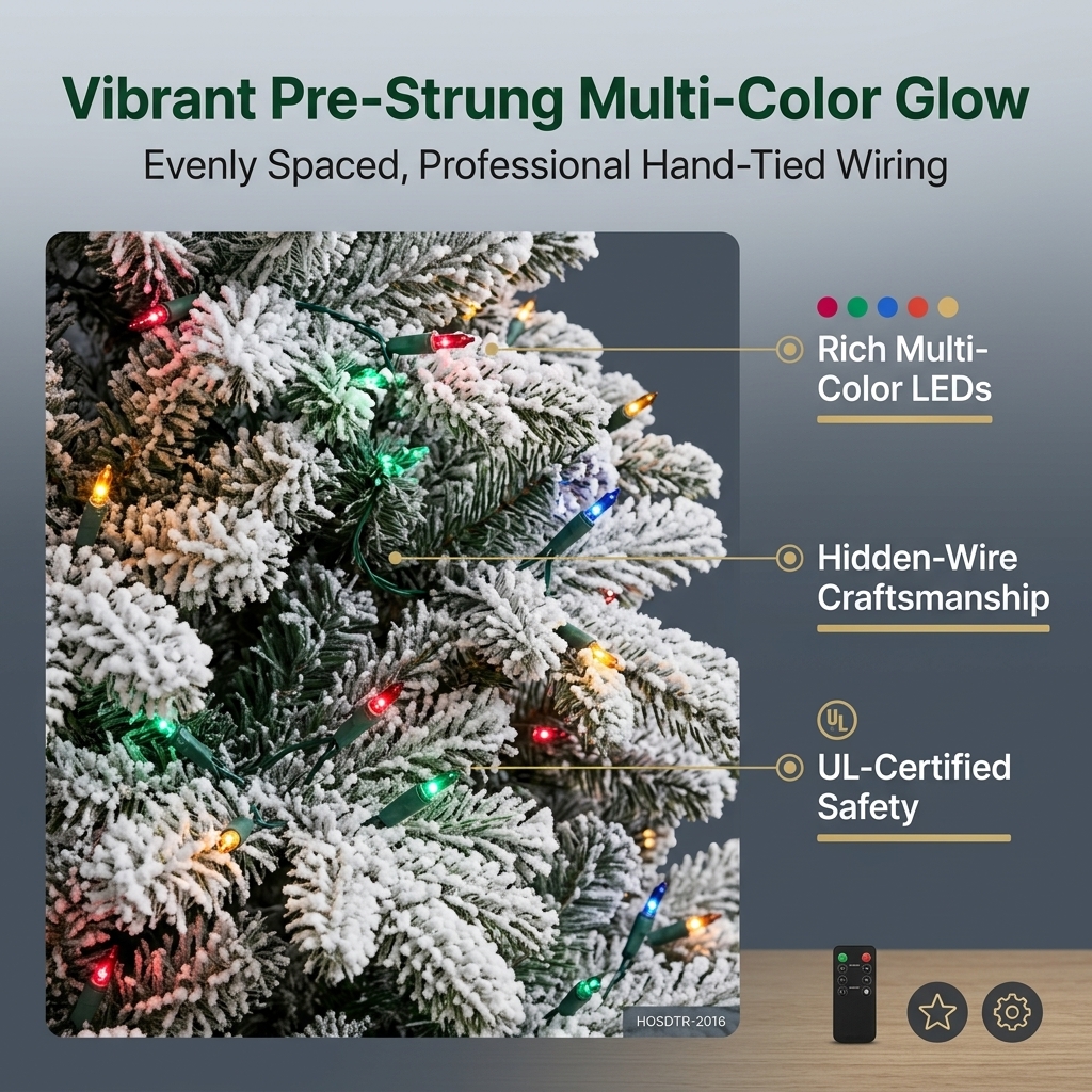 ZMF Christmas Tree 7 ft flocked artificial Christmas tree with multi-color lights, PE and PVC hybrid branches, decorated for holiday cheer