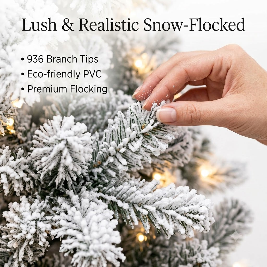 ZMF 6ft Pre-Lit Snow Flocked Christmas Tree | 11 Lighting Modes