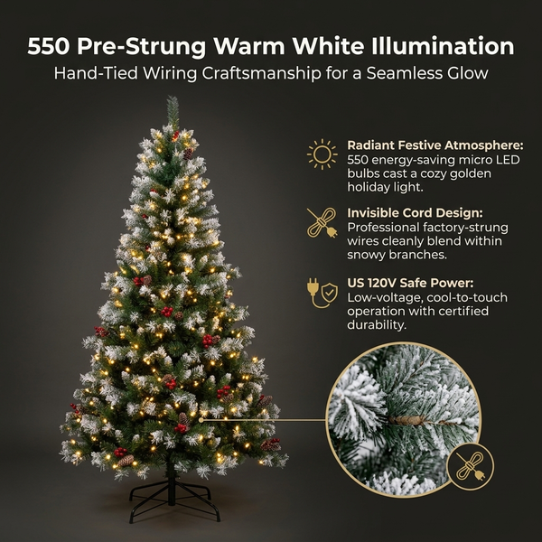 7.5ft ZMF Christmas Tree with flocked branches, 550 lights, pinecones, and red berries for festive holiday decor.
