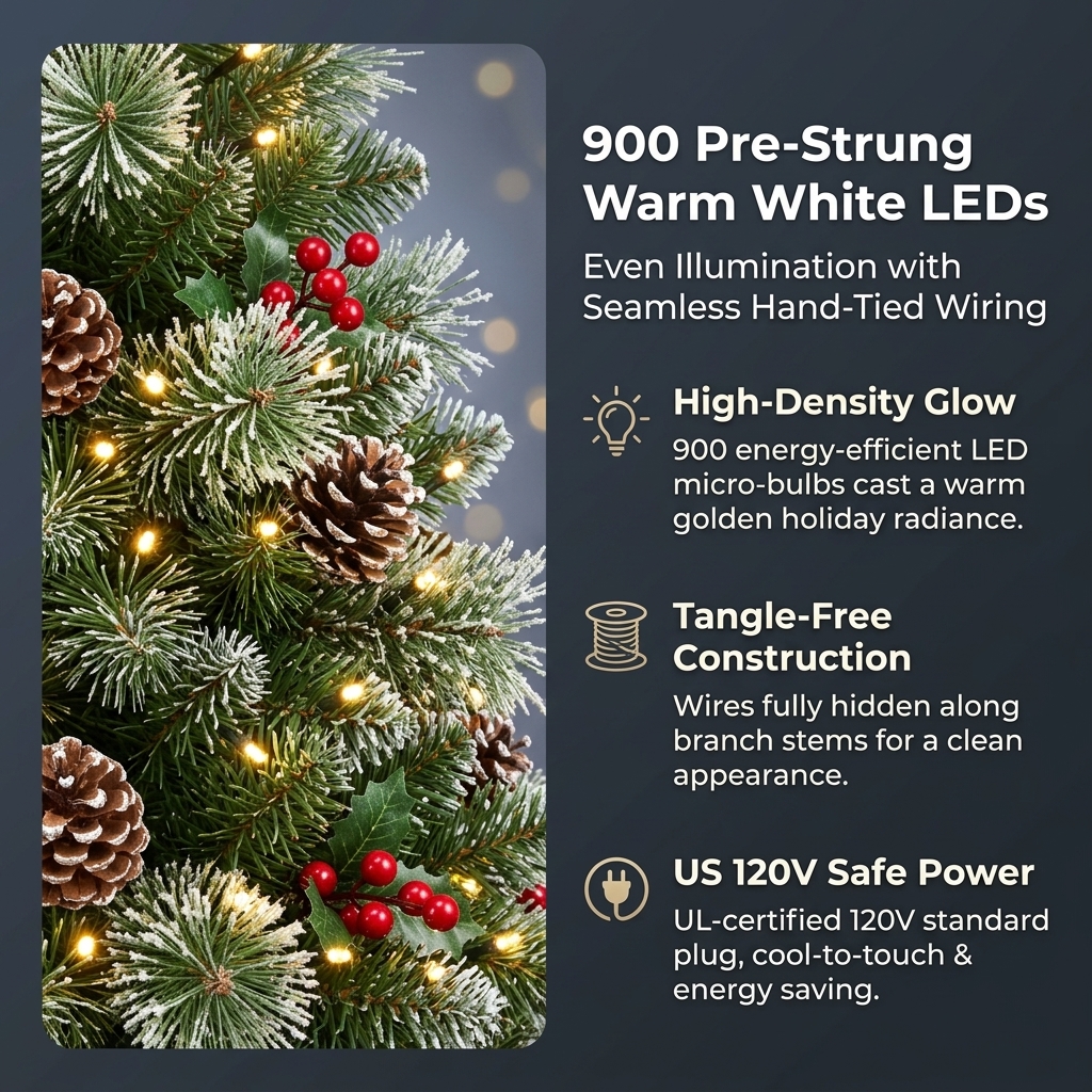 9ft ZMF Christmas Tree with flocked branches, 900 pre-lit lights, pinecones, and red berries for festive holiday decor