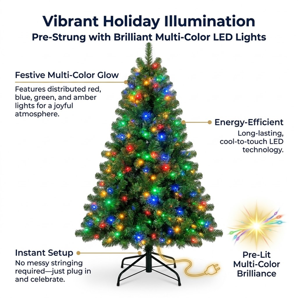6ft Premium Pre-Lit Classic Green Artificial Christmas Tree with Multi-Color Lights