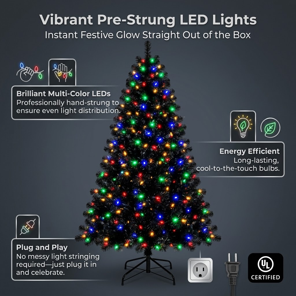 6.5ft Premium Black Pre-Lit Artificial Christmas Tree with Multi-Color Lights