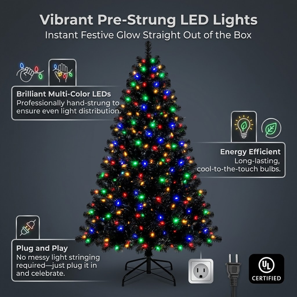 6.5ft Premium Black Pre-Lit Artificial Christmas Tree with Multi-Color Lights