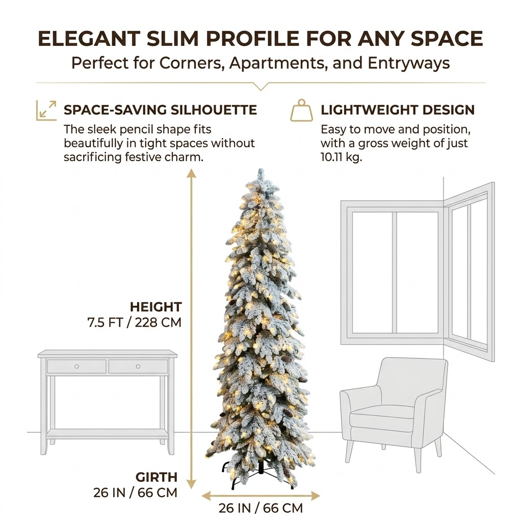 7.5ft Premium Slim Snow Flocked Pre-Lit Artificial Christmas Tree with Warm White Lights & Pinecones (Pencil Style)