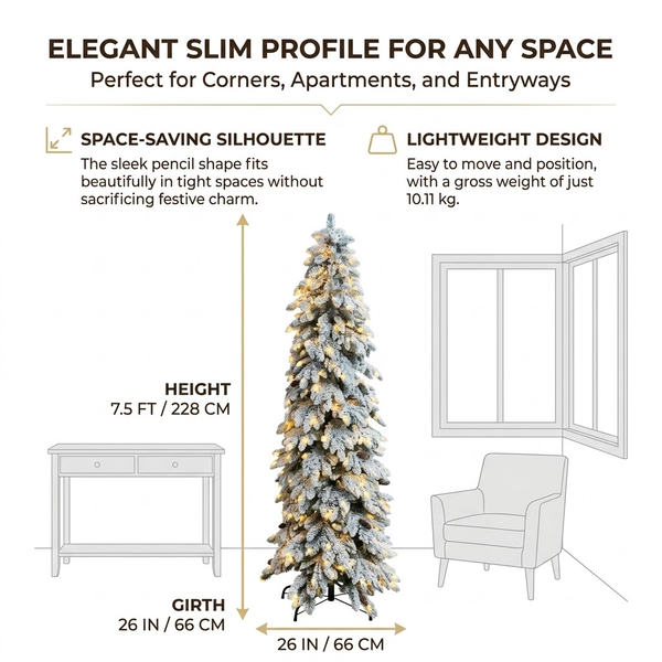 7.5ft Premium Slim Snow Flocked Pre-Lit Artificial Christmas Tree with Warm White Lights & Pinecones (Pencil Style)