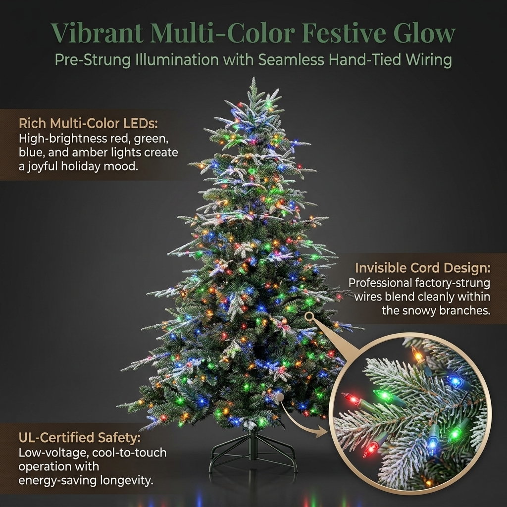 ZMF Christmas Tree 6.5ft pre-lit frosted artificial Christmas tree with 350 multicolor lights, mixed PE and PVC branches.