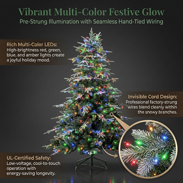 ZMF Christmas Tree 6.5ft pre-lit frosted artificial Christmas tree with 350 multicolor lights, mixed PE and PVC branches.