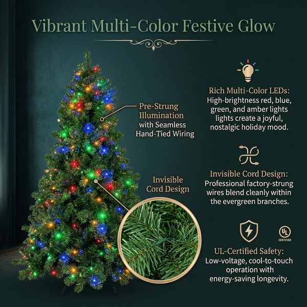 6ft Premium Pre-Lit Classic Green Artificial Christmas Tree with Multi-Color Lights