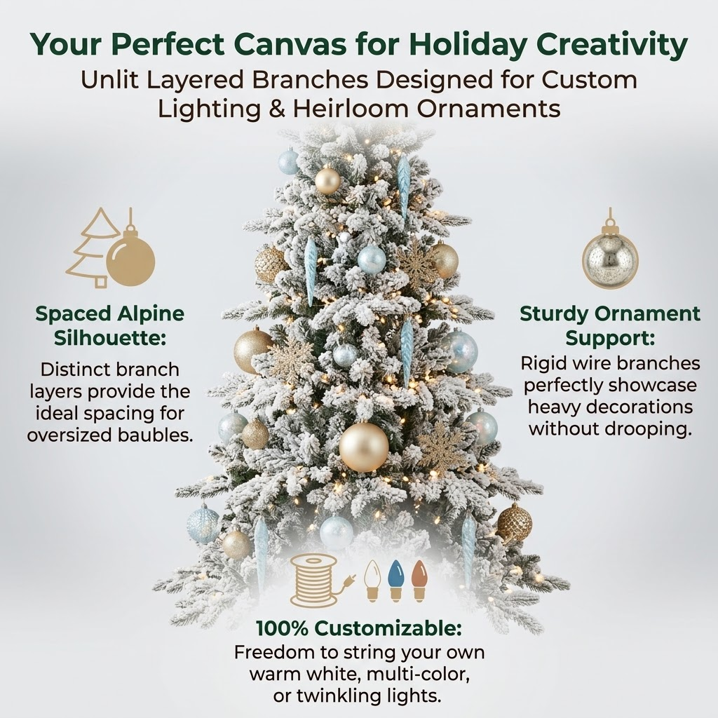 9ft Premium Flocked Unlit Artificial Christmas Tree with Pinecones (PE & PVC Hybrid)